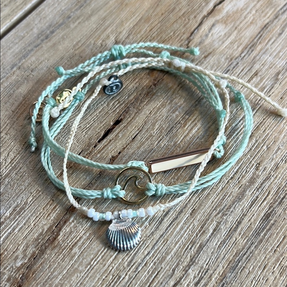 Pura Vida Bracelet Bundle Silver Shell Green Wave Gold Seed Bead Charm Rare Mint